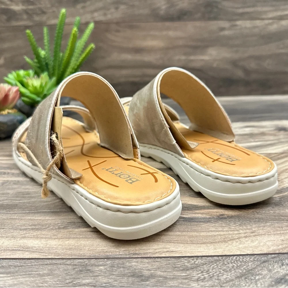 NIB Born Shore Slide Sandal Light Gold Leather Fabric Combo - Picture 7 of 12